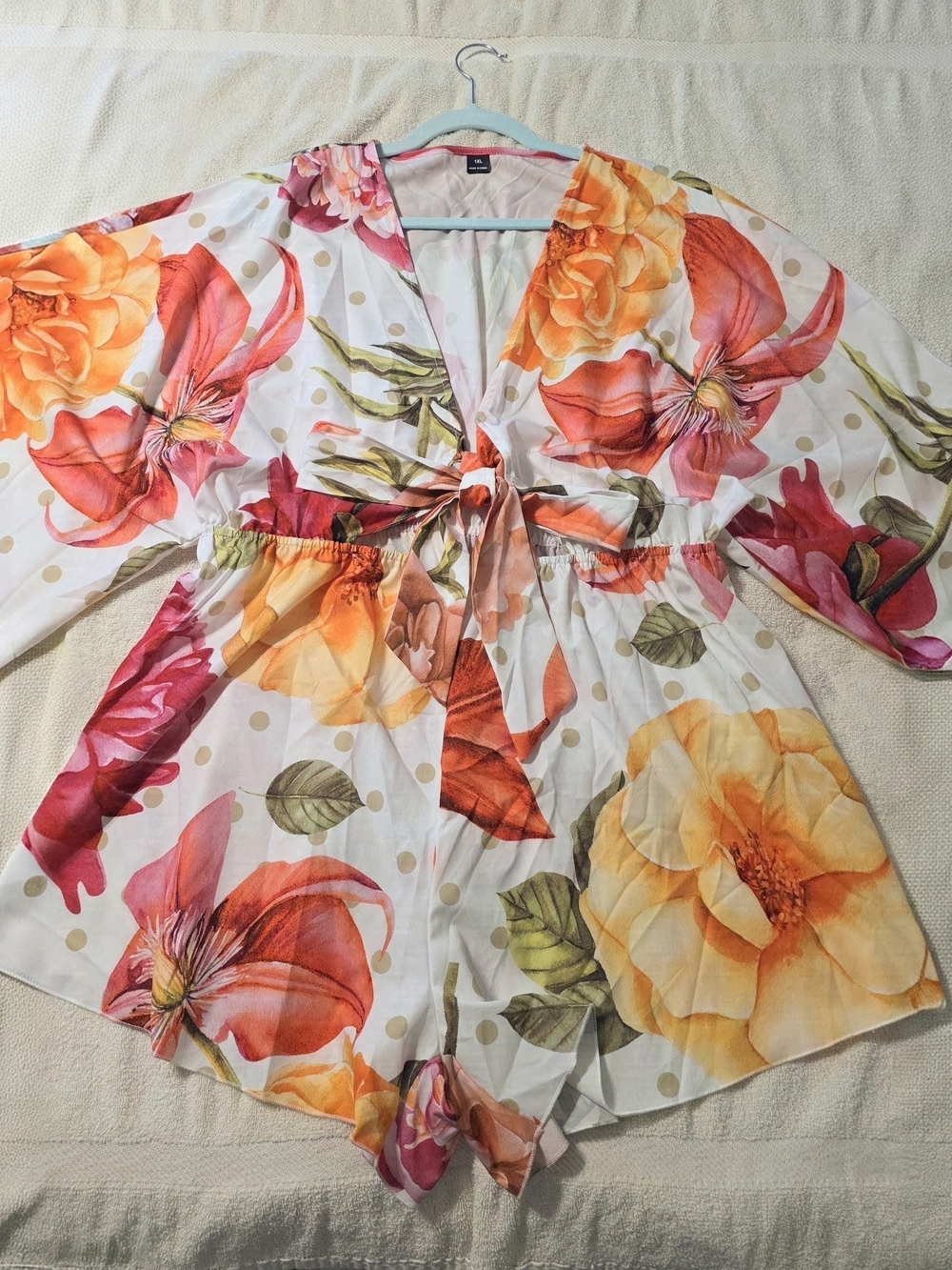 Floral Tie-Front Romper - White with Orange & Pink Flowers 14